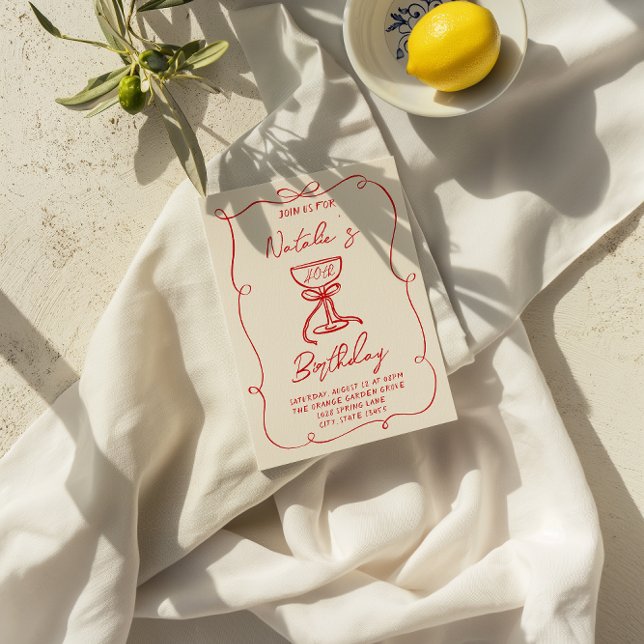 40:e Hand plockade Red Bow Champagne Glass Birthda Inbjudningar (Skapare uppladdad)