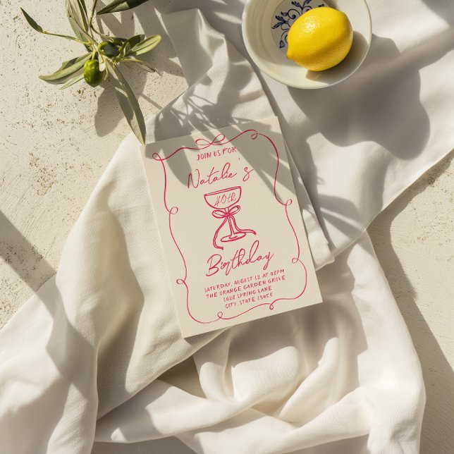 40:e Hand plockade Rosa Bow Champagne Glass Birthd Inbjudningar (Skapare uppladdad)