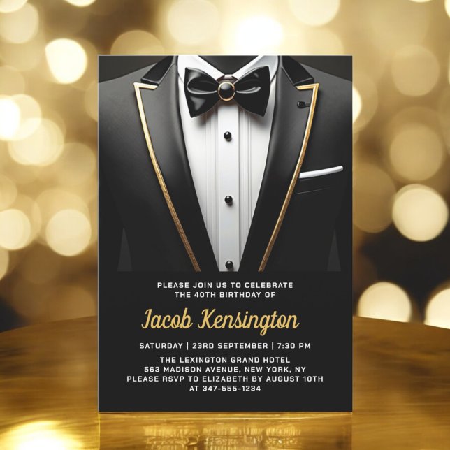 40:e händelsen Svart och Guld Tuxedo-födelsedag Inbjudningar (Skapare uppladdad)