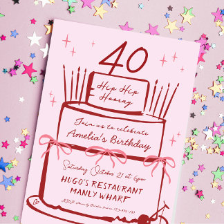 40:e Handritad Modern Funkis Tårta Rosa Slinga Inbjudningar