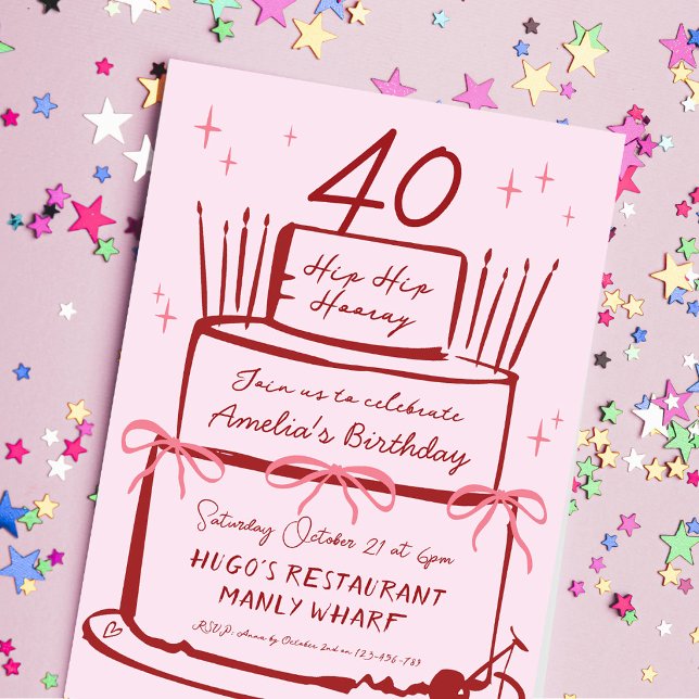 40:e Handritad Modern Funkis Tårta Rosa Slinga  Inbjudningar (Skapare uppladdad)