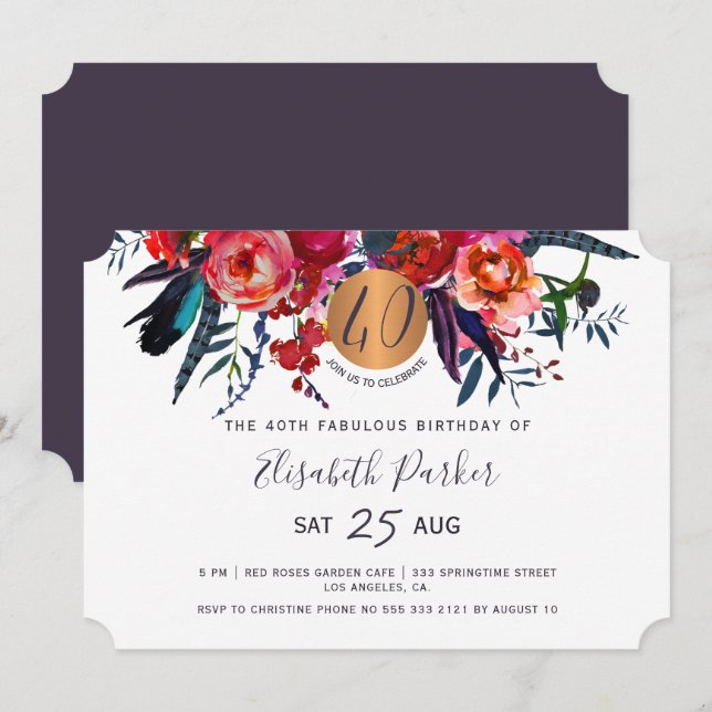 40:e Modern Bho blommigt vattenfärgsfödelsedagsfes Inbjudningar (Fram/baksida)