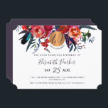 40:e Modern Bho blommigt vattenfärgsfödelsedagsfes Inbjudningar<br><div class="desc">Röd marin indigo bohemiska blommor bouquets och en rund faux metallic guld koppar-glitter skapar en modern feminin-vågrät-feminin-milstolpe fyrtio och fantastisk födelsedagsfest inbjudan med en chic av trendig som är fullt redigerbar typografi.              Lämpligt för alla säsonger.</div>