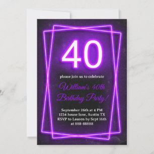 40:e Neon Ljus Retro Black 40 Birthday Inbjudningar