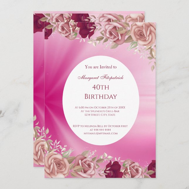 40:e Rosa Flowers Red Rosa ros Födelsedagsfest Inbjudningar (Fram/baksida)