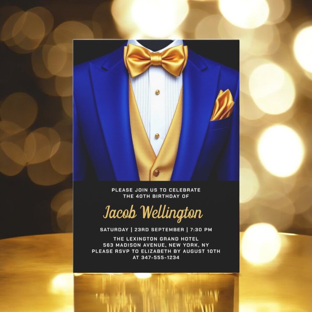 40:e Royalet Blue och Guld Tuxedo Birthday Event Inbjudningar (Skapare uppladdad)