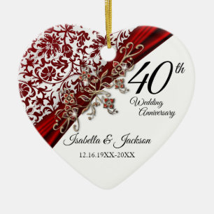 40:e Ruby and White med Blommigt-årsdag Julgransprydnad Keramik
