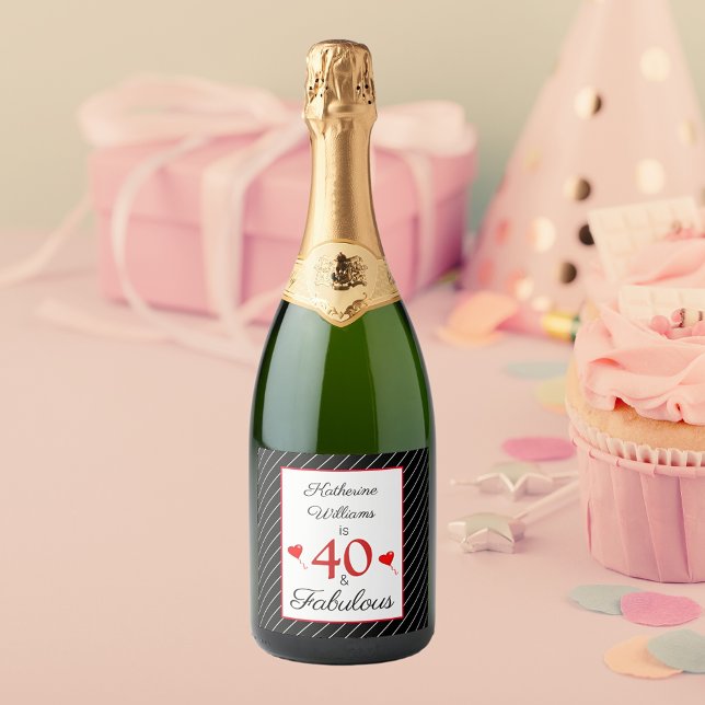 40 & Fabulous 40:e födelsedag Namn Black & White (40 & Fabulous 40th Birthday Name Black & White Sparkling Wine Label)