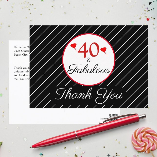 40 & Fabulous 40:e födelsedagsfotosvart Tack Vykort (40 & Fabulous 40th Birthday Photo Black Thank You Postcard)
