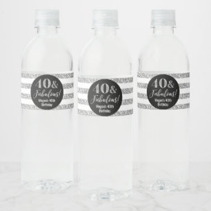 40 & Fabulous Birthday Silver Glitter Rand Vattenflaska Etikett