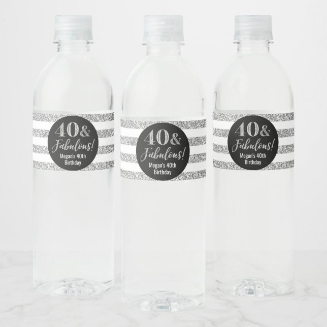 40 & Fabulous Birthday Silver Glitter Rand Vattenflaska Etikett (Flaskor)