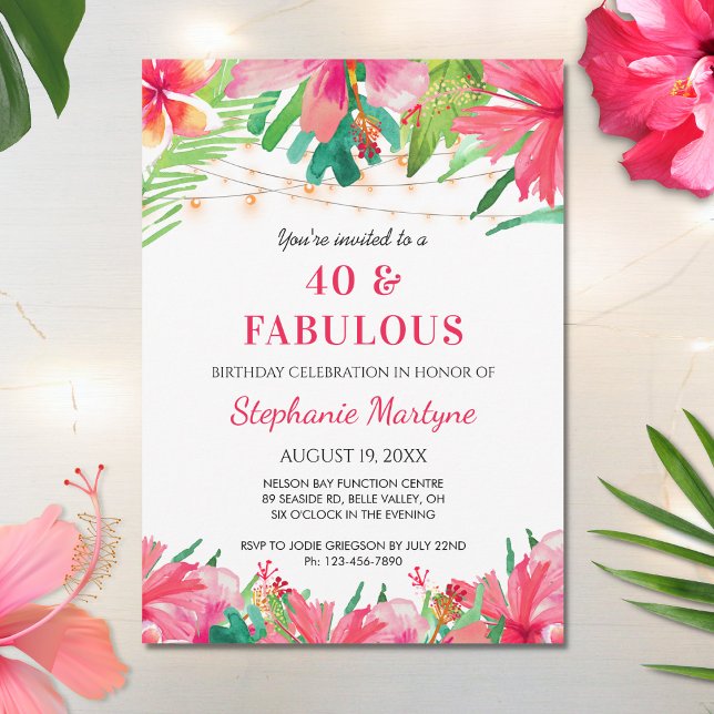 40 & Fabulous Birthday Tropical Ljus Hawaiian Inbjudningar (Skapare uppladdad)