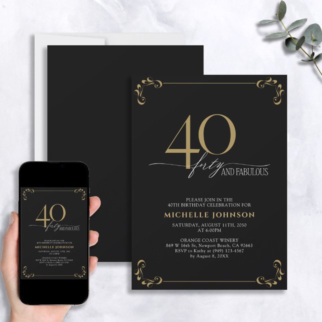 40 & Fabulous Black & Guld Calligraphy Birthday in Inbjudningar (Skapare uppladdad)
