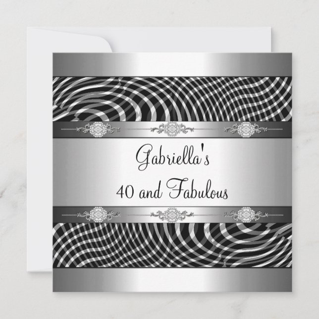 40 & Fabulous Black White Check Silver Birthday Inbjudningar (Framsida)