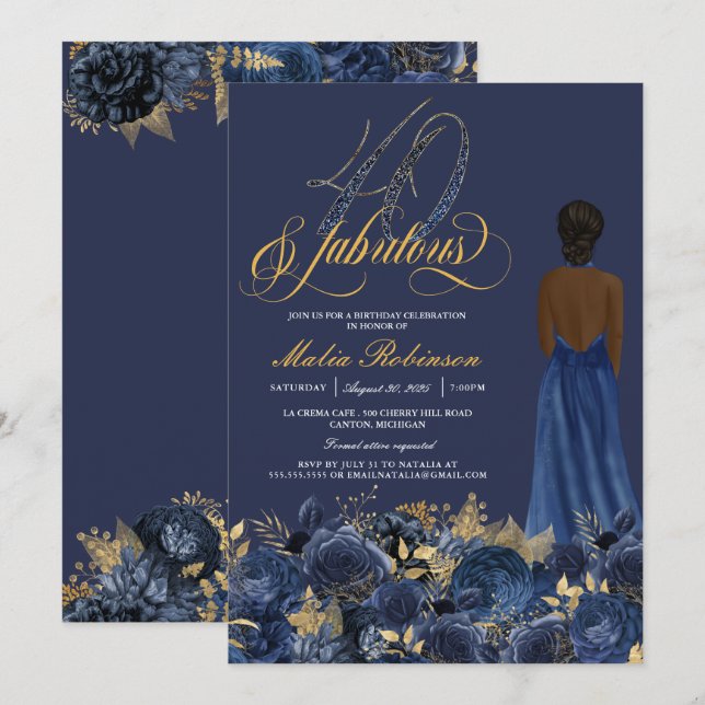40 & Fabulous Elegant Sapphire Formal Birthday Inv Inbjudningar (Fram/baksida)