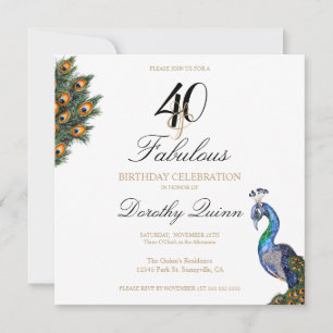40 & Fabulous Elegant Watercolor Peacock Birthday Inbjudningar