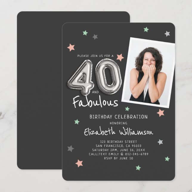 40 & Fabulous Foil Balloon Stars Foto Birthday Inbjudningar (Fram/baksida)