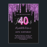 40 & Fabulous glitter som droppar svart lila glam Vykort<br><div class="desc">En giftig och feminin 40 och Fabulous födelsedagsfest inbjudan. På framsidan: En svart bakgrund för chicen. Dekoreras med mörk lila faux glitter drops,  färgdroppstift. Anpassa och lägg till information om namn och party. Namn är skrivet med ett handskript stil,  light lila färgad brev. Ålder: 40 med trendig stil-typsnitt.</div>