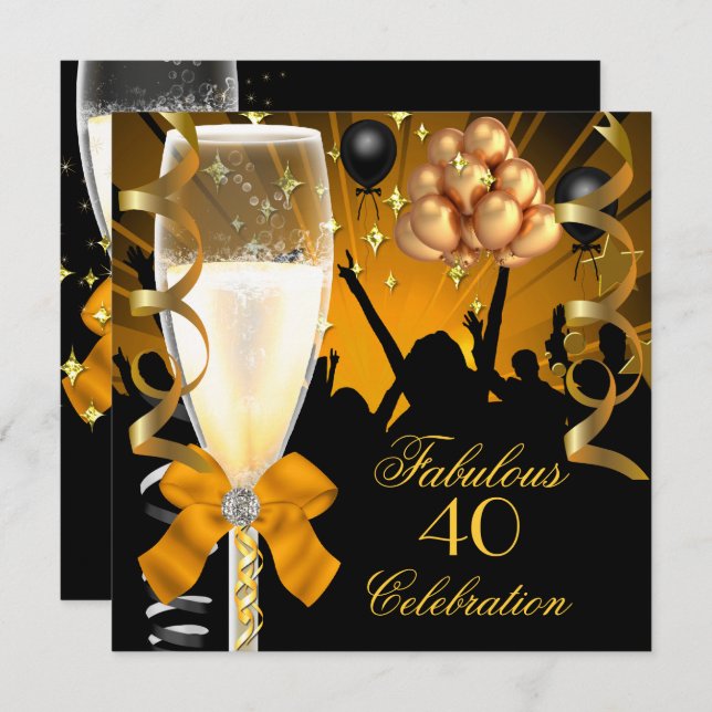 40 & Fabulous Guld Black Birthday Champagne Inbjudningar (Fram/baksida)