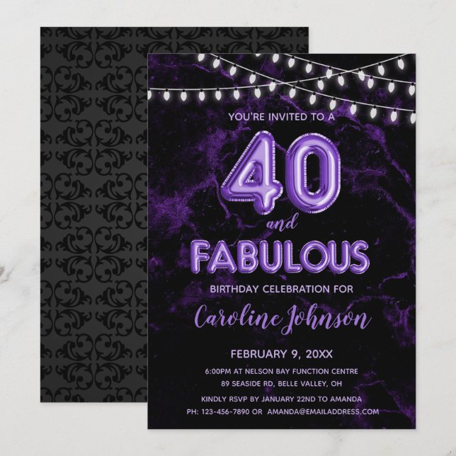40 & Fabulous Lila Balloon Birthday-inbjudningar Inbjudningar (Fram/baksida)