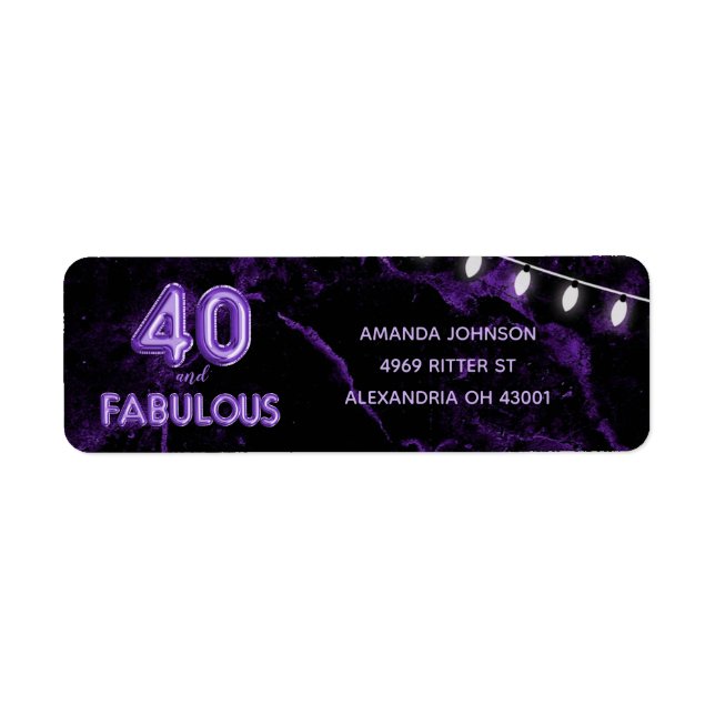 40 & Fabulous Lila & Black 40:e födelsedagen Returadress Etikett (Framsidan)