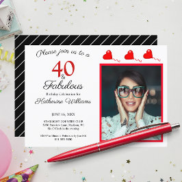 40 & Fabulous Photo Red 40 Birthday Black White Inbjudningar