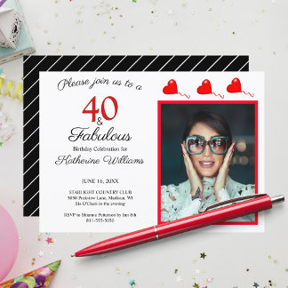 40 & Fabulous Photo Red 40 Birthday Black White Inbjudningar
