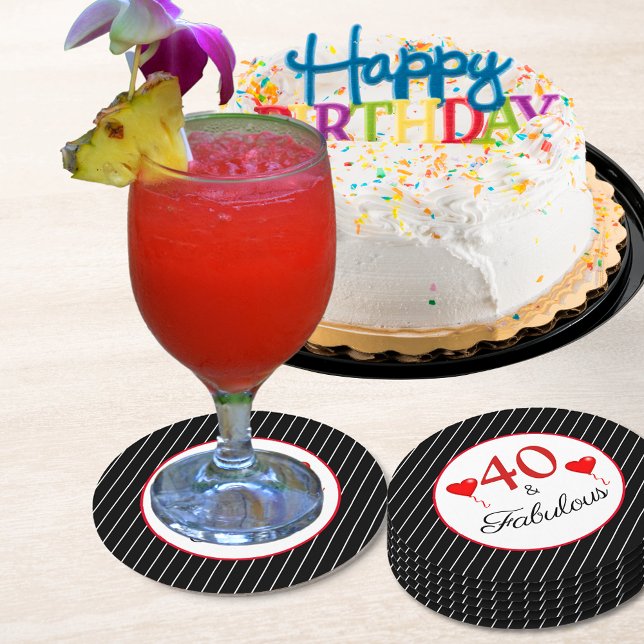 40 & Fabulous Red 40 Birthday Black White Rand Underlägg Papper Rund (40 & Fabulous Red 40th Birthday Black White Stripe Round Paper Coaster)