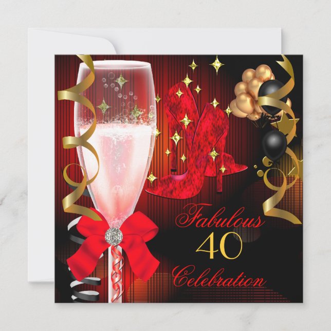 40 & Fabulous Red Black Guld Birthday Shoes Inbjudningar (Framsida)