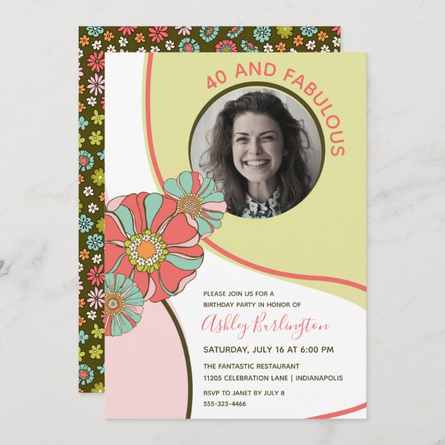 40 & Fabulous Retro Floral Photo Invitation Inbjudningar (Fram/baksida)