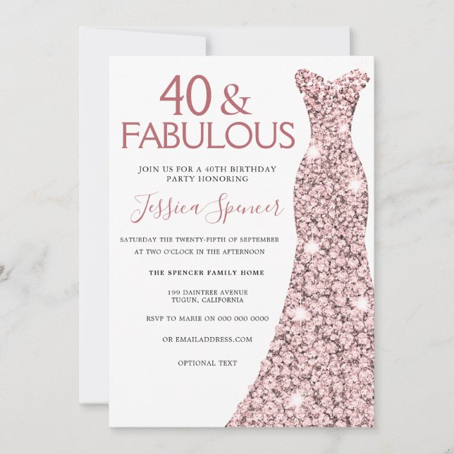 40 & Fabulous Ro Guld Dress 40:e födelsedagen Part Inbjudningar (Framsida)