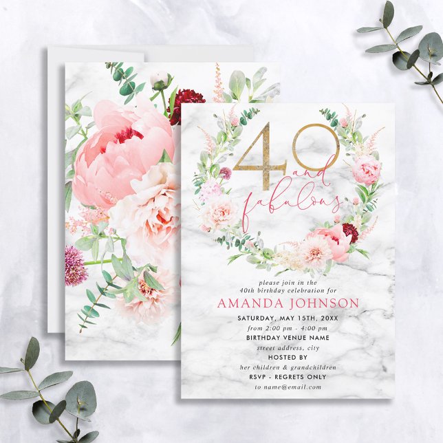 40 & Fabulous Rosa & Guld Blommigt Marble Birthday Inbjudningar (Skapare uppladdad)