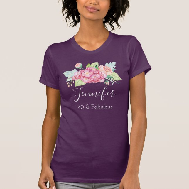 40 & Fabulous Rosa Watercolor Bouquet T Shirt (Framsida)