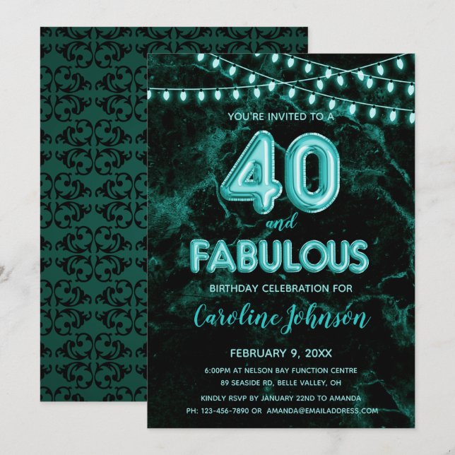 40 & Fabulous Teal Balloon Birthday-inbjudningar Inbjudningar (Fram/baksida)