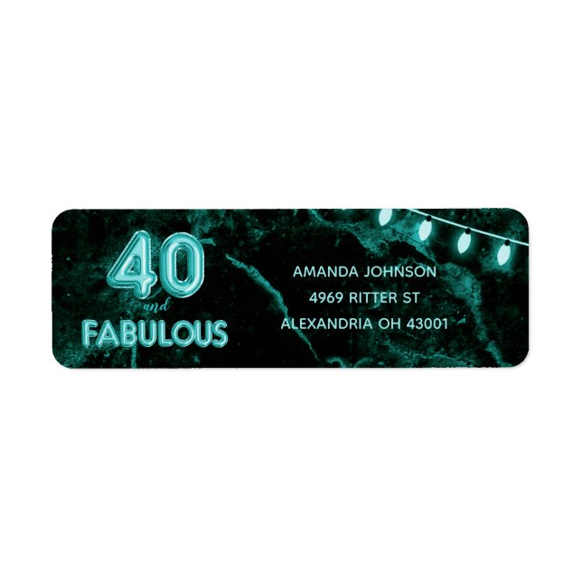 40 & Fabulous Teal & Black 40:e födelsedagen Returadress Etikett (Framsidan)