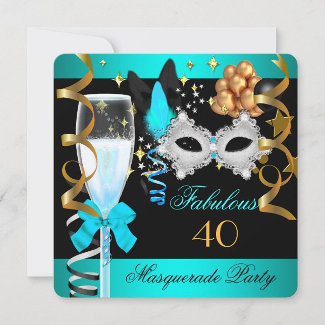 40 Fabulous Teal Blue Guld Masquerad Party Inbjudningar (Framsida)