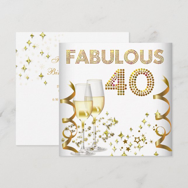 40 fantastisk guldchampagne 40-års födelsedagsfest inbjudningar (Fram/baksida)