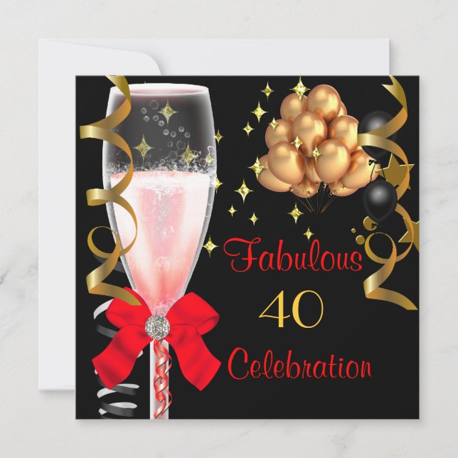 40 & fantastisk röd svart guld födelsedagsfest inbjudningar (Framsida)