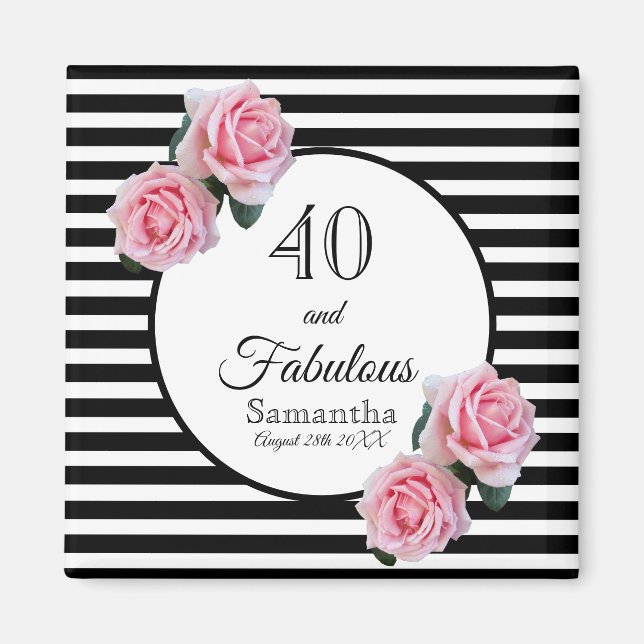 40 fantastiska födelsedag svarta rand rosa blommig magnet (Framsidan)