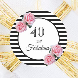 40 fantastiska födelsedag svarta rand rosa blommig runt klistermärke
