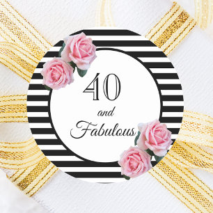 40 fantastiska födelsedag svarta rand rosa blommig runt klistermärke