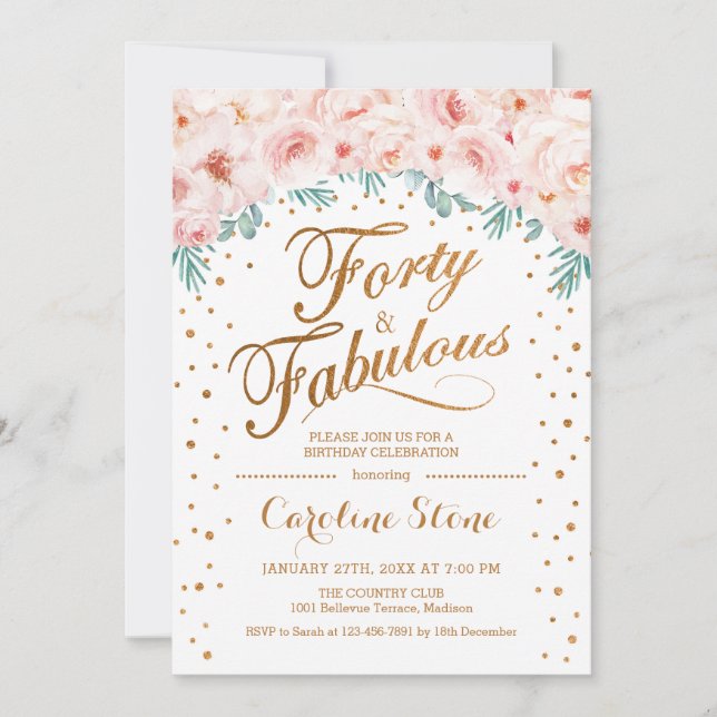 40 Födelsedagsfest - Vit Guld Rosa Inbjudningar (Framsida)