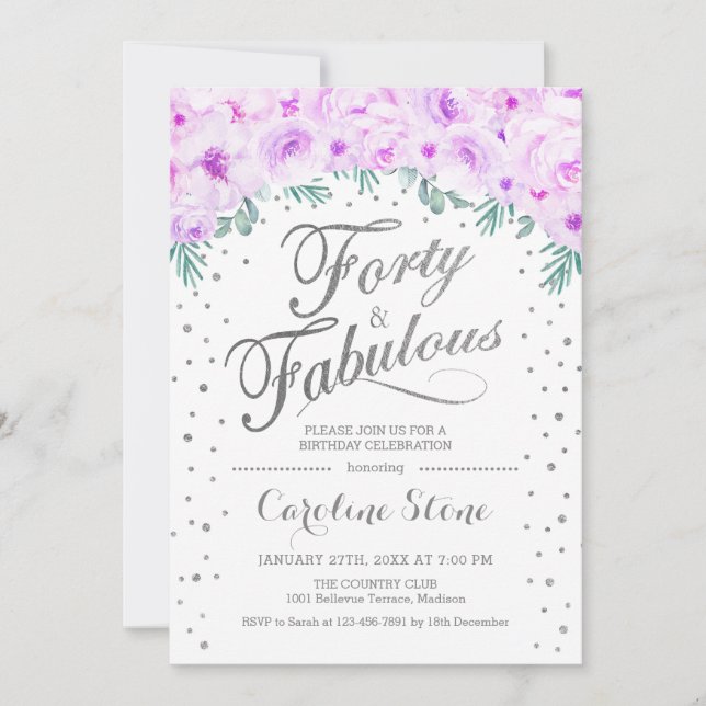 40 Födelsedagsfest - Vit Silver Lila Inbjudningar (Framsida)
