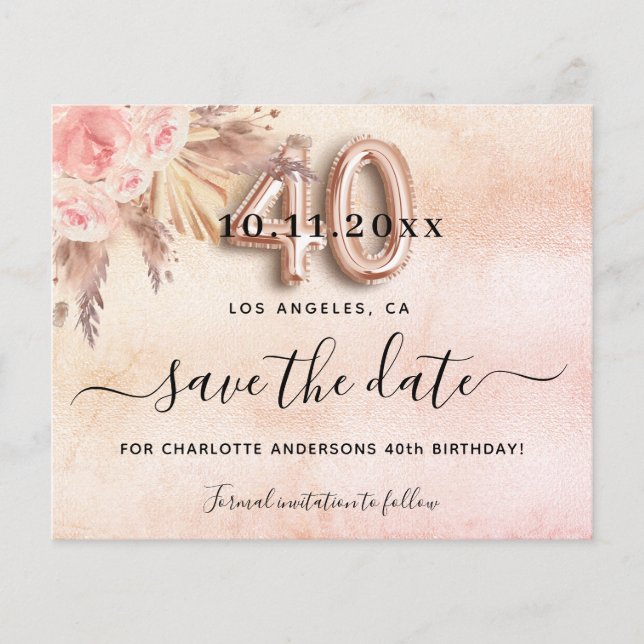 40 födelsedagspampas ro budget spara datumet flygblad (Framsidan)