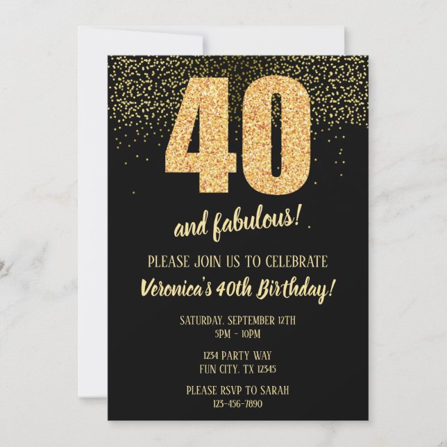 40 och Fabulous Black och Guld 40:e Inbjudningar (Framsida)