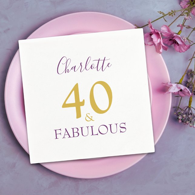 40 och Fabulous Elegant 40:e födelsedagen Pappersservett (40 & fabulous stylish minimalist purple and gold typography personalized paper napkins )