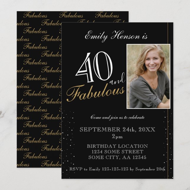 40 och Fabulous Elegant Black Photo Birthday Inbjudningar (Fram/baksida)