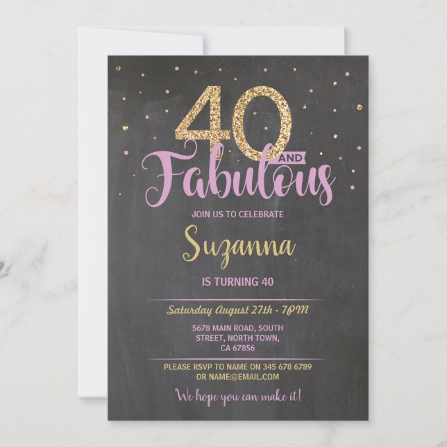 40 och Fabulous Födelsedagsfest 40:e Rosa Guld Inbjudningar (Framsida)