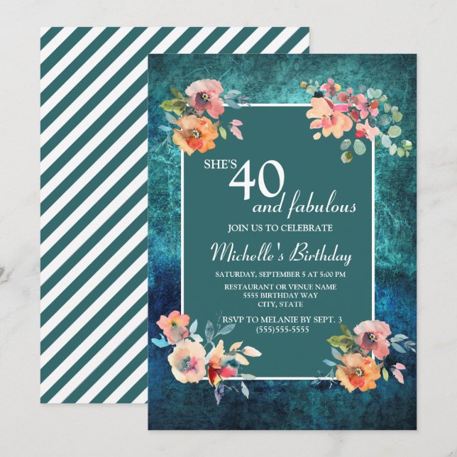 40 och Fabulous Födelsedagsfest Rosa Blommigt Kort (Fram/baksida)