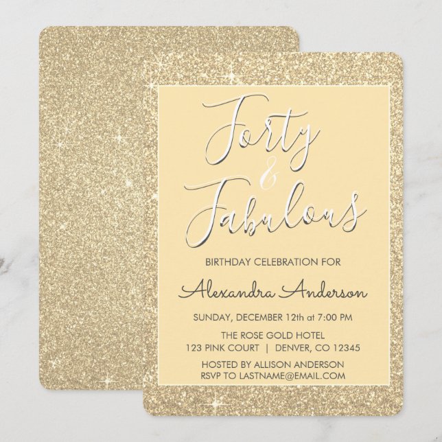 40 och Fabulous Modern Guld Glitter Inbjudningar (Fram/baksida)